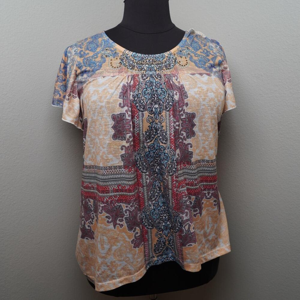 Boho Paisley Crochet Trim Top Plus Size